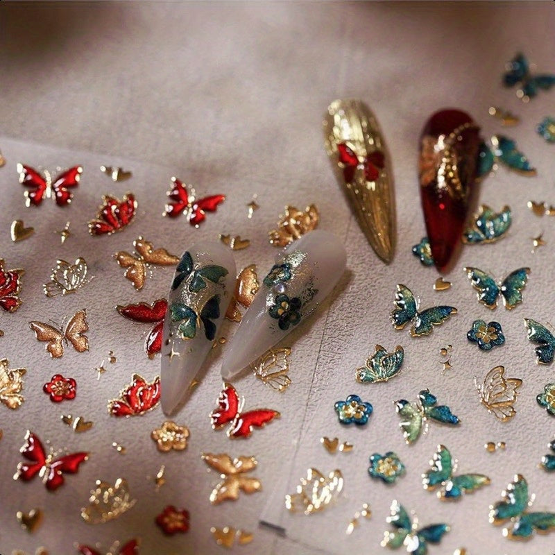 1 Sheet 5D Embossed Green & Golden Butterfly Nail Art Stickers - Self-Adhesive Floral Nail Decals with Glitter Accents, Spring Summer DIY Manicure Supplies for Women Girls, Beauty Enhancements | Spring Summer Theme | Intricat