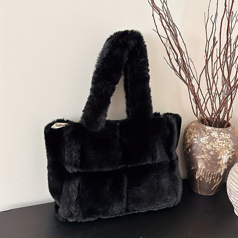 Chic Faux Fur Shoulder Bag for Women - Spacious & Versatile, Magnetic Closure, Faux Leather Lined - Available in Pink, Deep Brown, White, Black