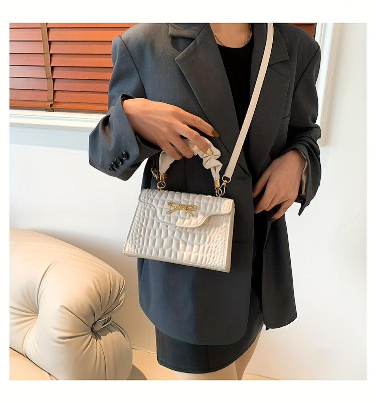 Vibrant Retro Crocodile Pattern Chic Shoulder Bag - Compact, Versatile, Fashionable, Everyday Wear with Bowknot Detail, Casual Street Style, and Chic Design - Perfect for Women's Daily Use