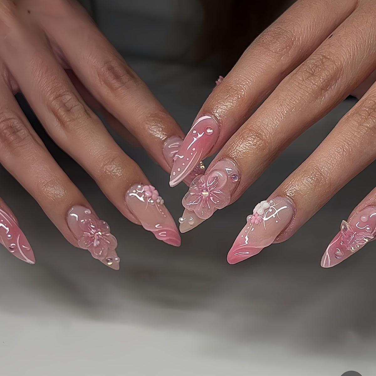 24-Piece Elegant French-Inspired Pink Almond Shaped Press-On Nails with Flower Pattern and Glossy Finish, Includes Jelly Glue & Nail File for Women's Everyday Wear