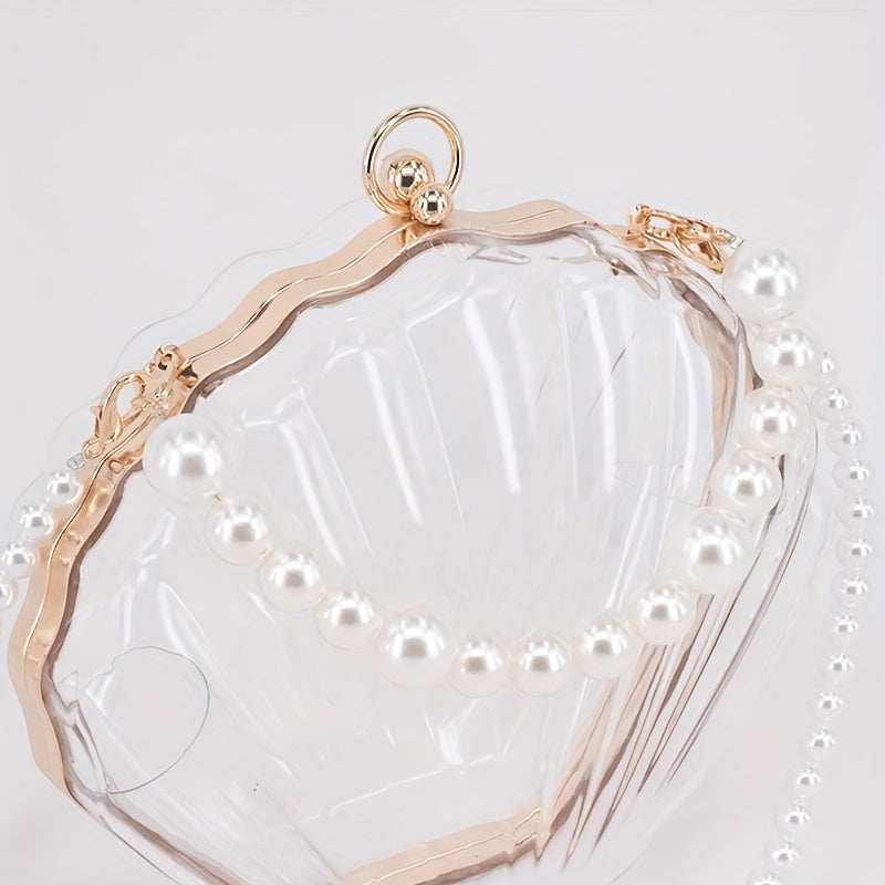 Casual Acrylic Pearl Beaded Shell Crossbody Bag with Removable Strap, Transparent Unlined Clutch with Buckle Closure, Checkpoint-Friendly Fashion Accessory
