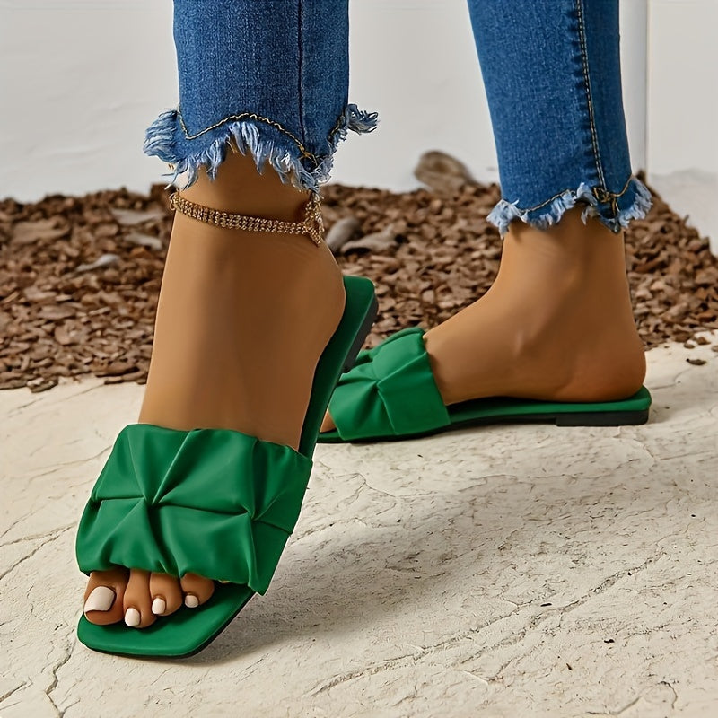 Stylish Pleated Slide Sandals for Women - Comfortable, Lightweight, Casual Square Open Toe Flat Shoes with Breathable Design for Summer - Easy Slip-On Style