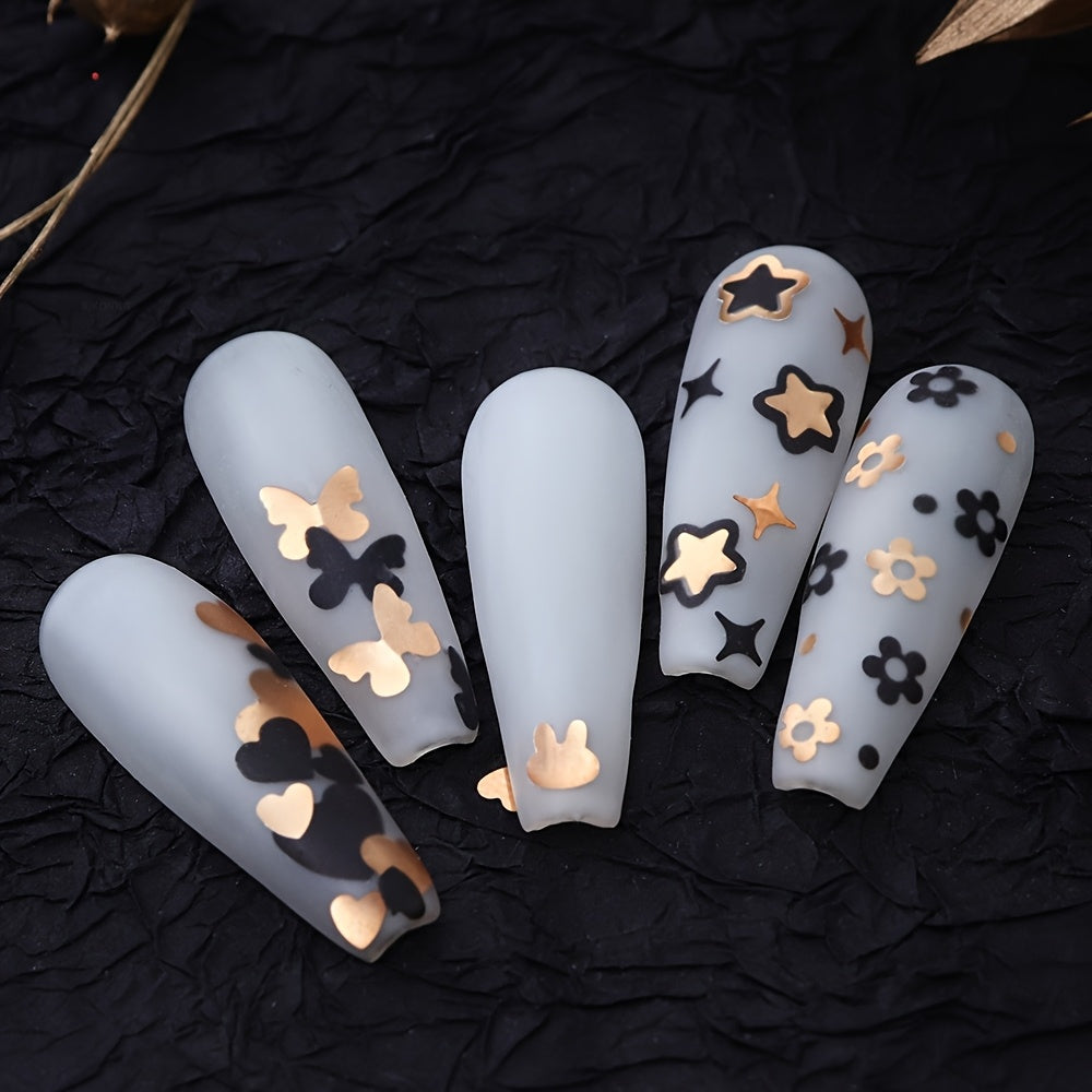 Yanyniu 12-Grid Butterfly & Floral Nail Glitter - Black, Golden & White Mix | Sparkling Rabbit & Flower Designs for Nail Art Decoration
