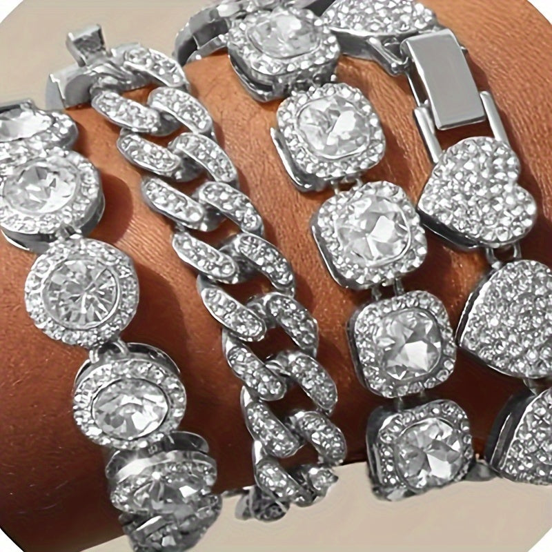 Fashion Women's 4-piece Combo Set - Women's Heart-studded Synthetic Zircon Cuban Bracelet - Multi-layer Chain Bracelet Set - Perfect For Giving Women's Gift Set - , Banquet, Gift Giving, Everyday Accessories