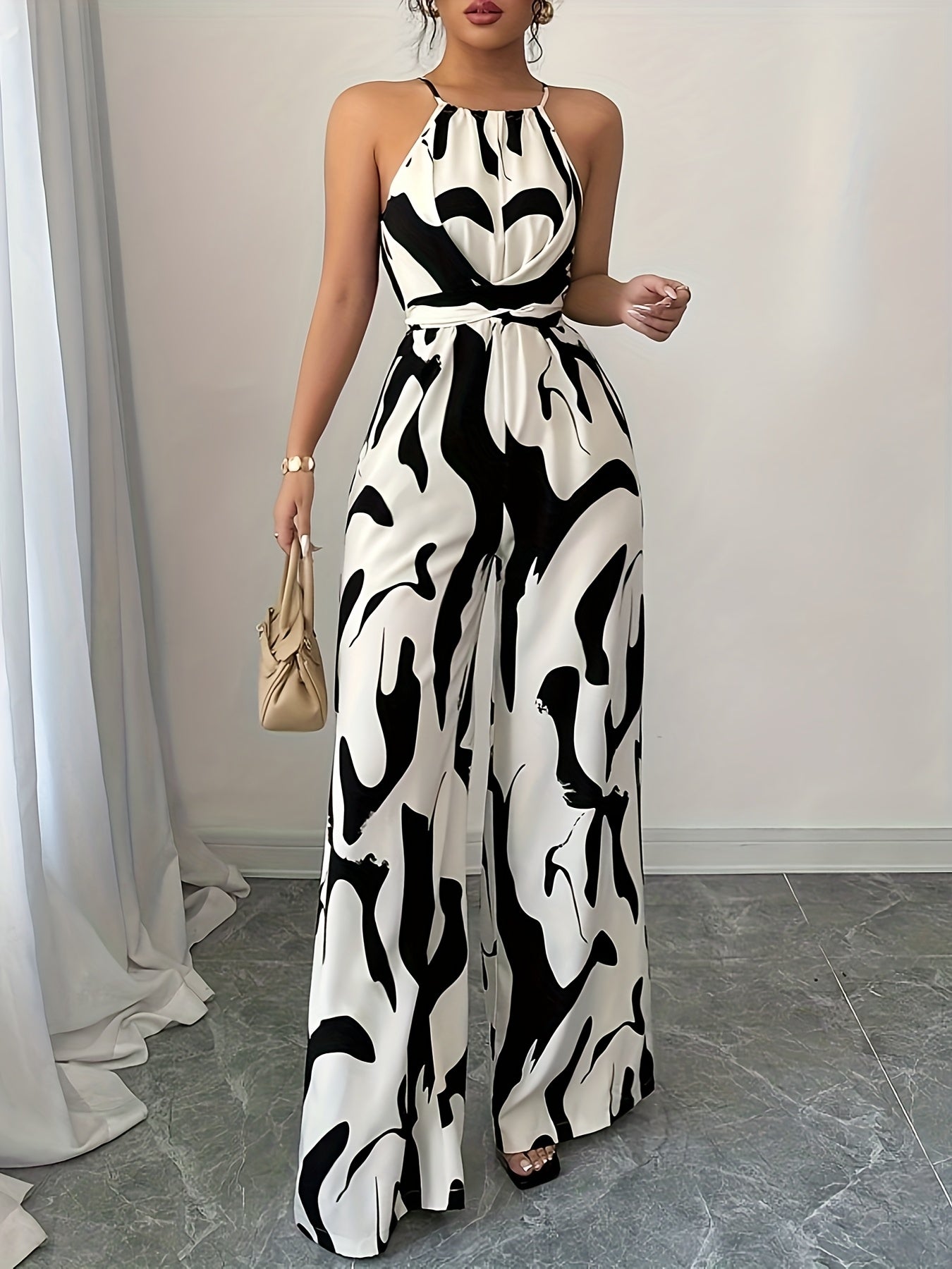 Women's Elegant Off-Shoulder Print Jumpsuit with Wide Legs and Tie Waist - Black & White Abstract Pattern, Polyester Fabric, Perfect for Vacation and Everyday Chic
