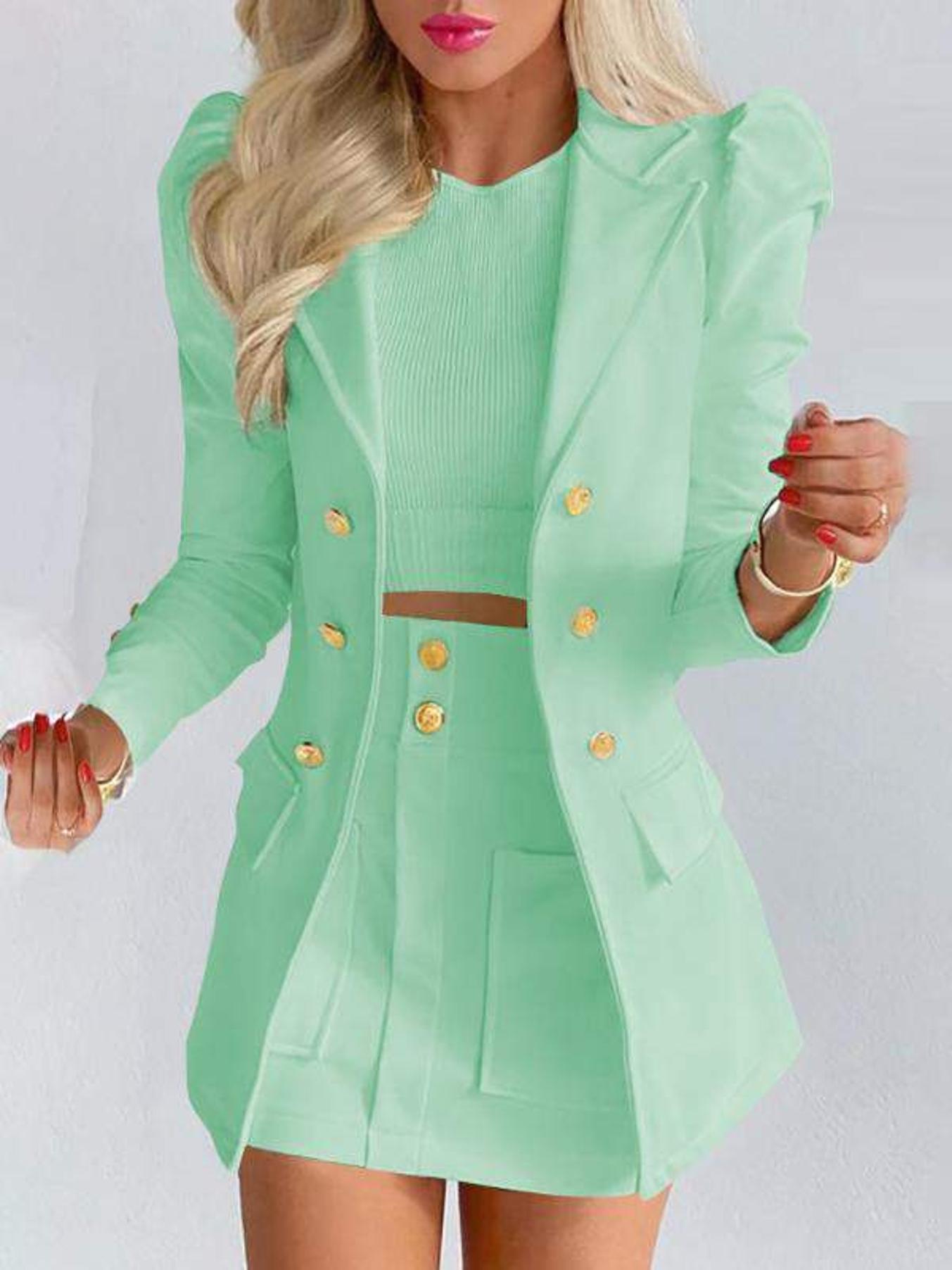 FLORAL PRINT PUFF SLEEVE DOUBLE BREASTED BLAZER SKIRT SET