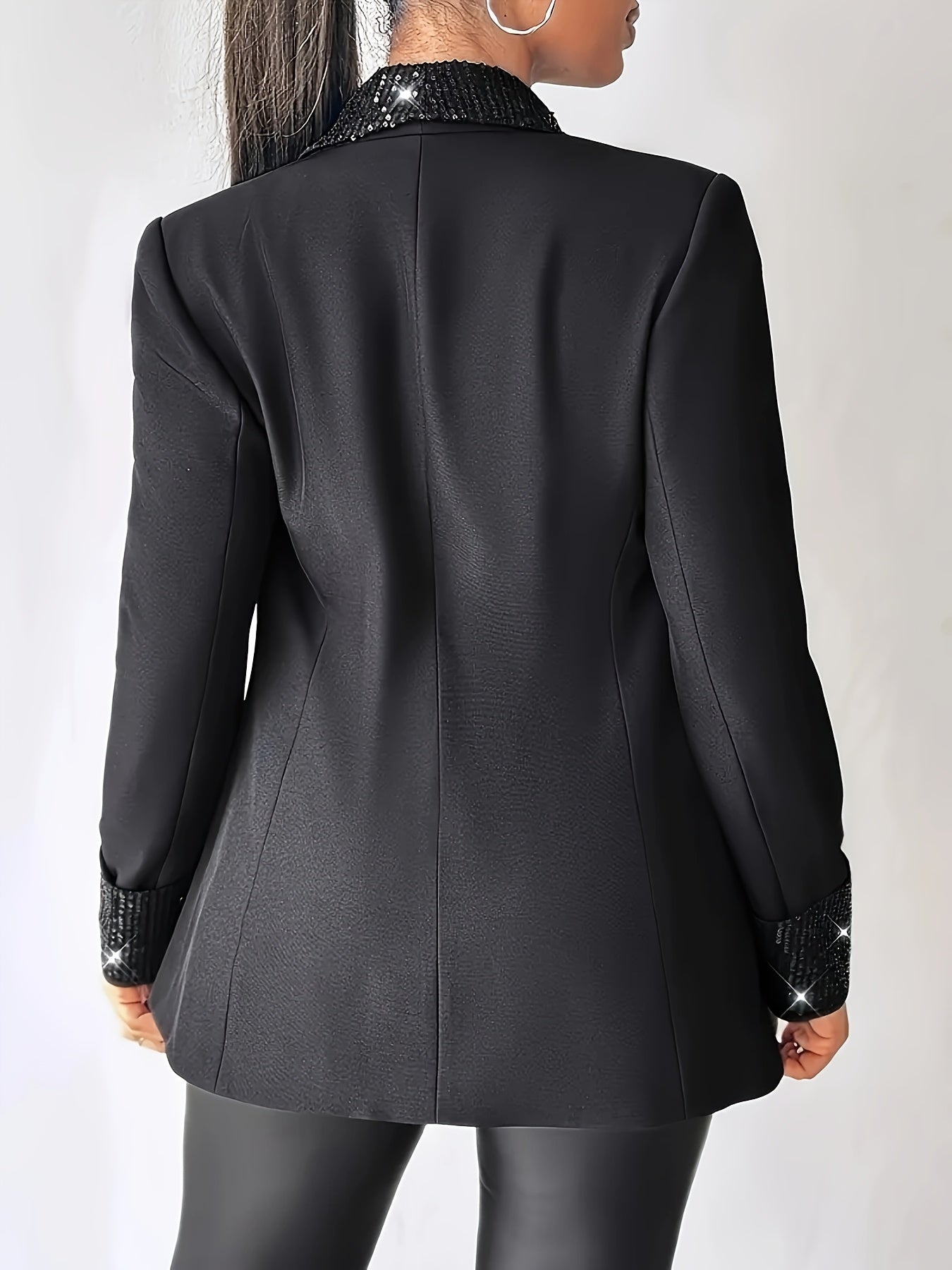 Women's Elegant Sequin-Trimmed Blazer - Chic Long Sleeve Jacket with Lapel Collar, Lightweight & Stylish for Spring/Summer/Fall, Perfect for Casual or Evening Wear, Seasonal Outerwear | Sophisticated Tailoring
