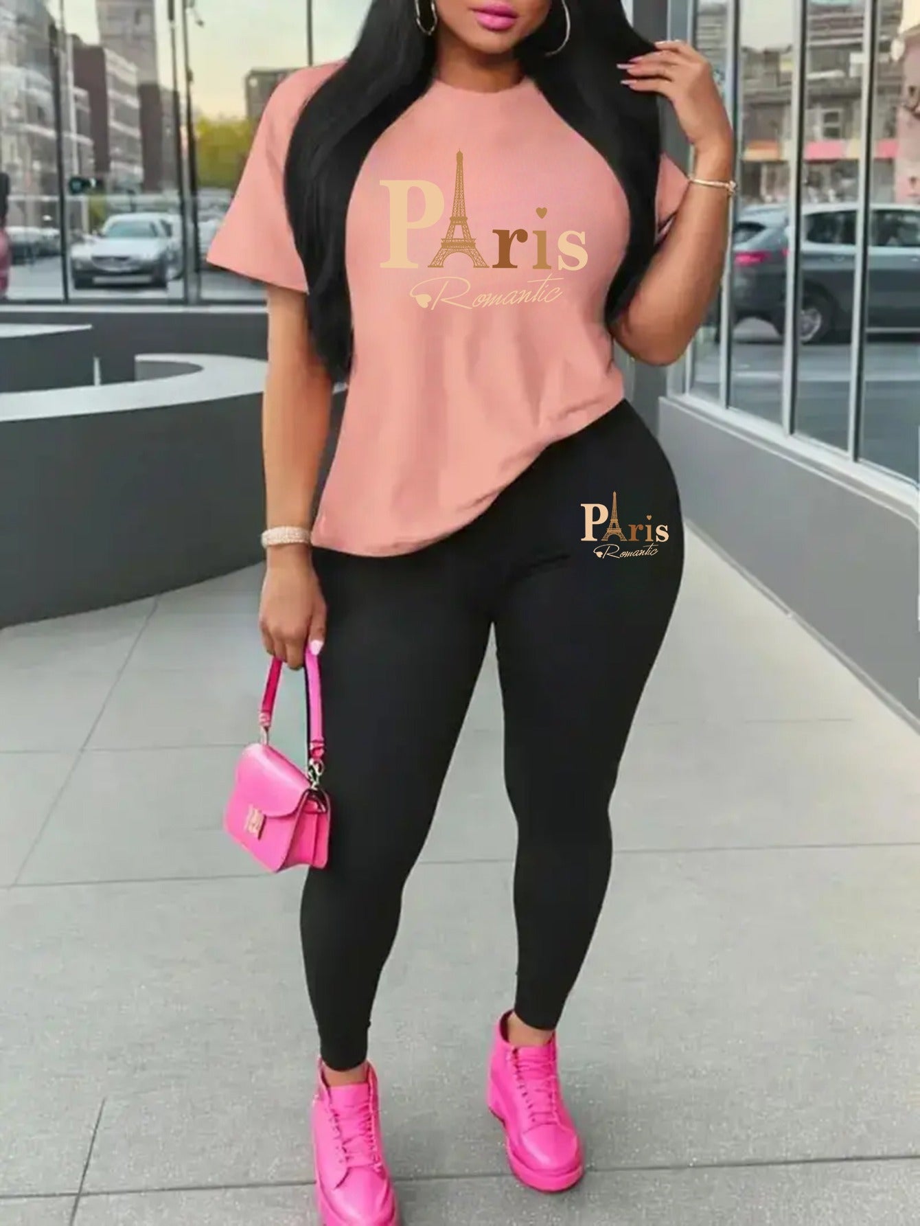 Eiffel Tower Paris-Inspired Women's Casual Outfit - Comfy Short Sleeve Tee & Stylish Pants Set, Machine Washable