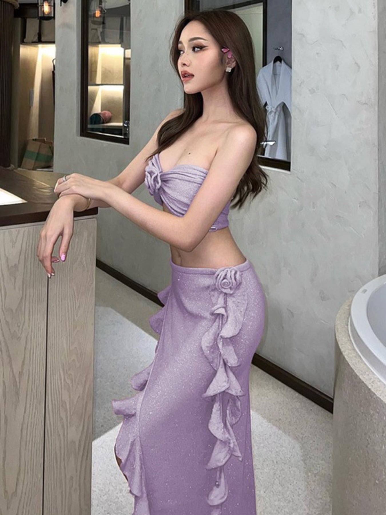 Women 2pcs Summer Outfit 3D Rosette Strapless Tube Top Backless Bodycon Skirt Set Clubwear Party Style