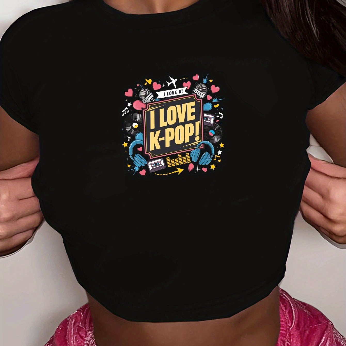 I Love K-Pop" Women's Y2K Fashion Crop Top T-Shirt - Vibrant Graphic Print, Soft Polyester & Spandex Blend, Stretchy, Machine Washable, Round Neck, Short Sleeve, Cute Shirts