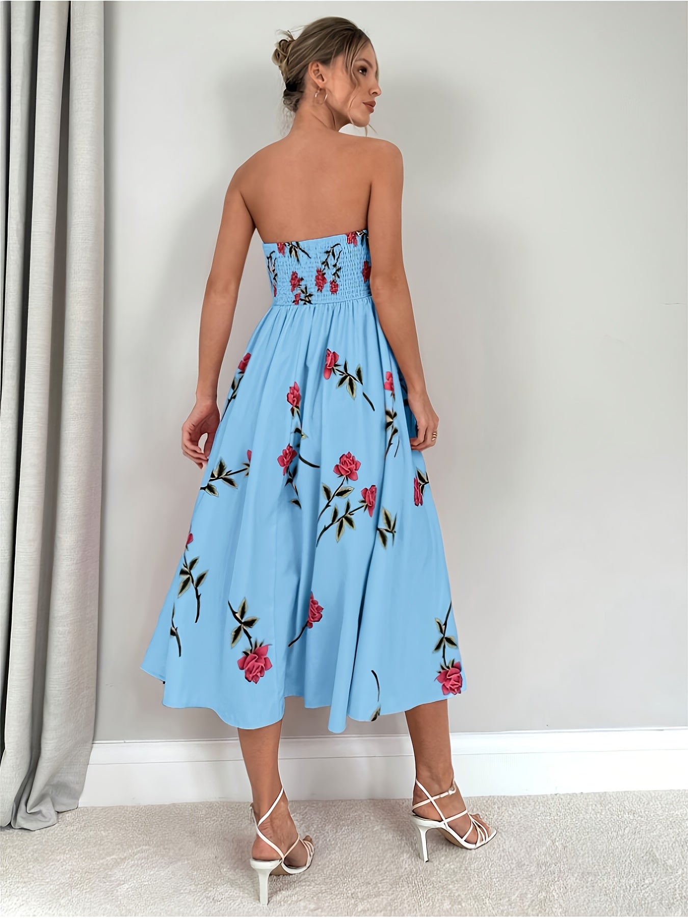 Women's Elegant Off-Shoulder A-Line Floral Print Rose Print Dress - Knee-Length with Ruffled Hem & Waist Tie, Machine Washable for Weddings, Parties, Graduations, Prom - Pink Floral Print Formal Evening Dress, Event Attire |