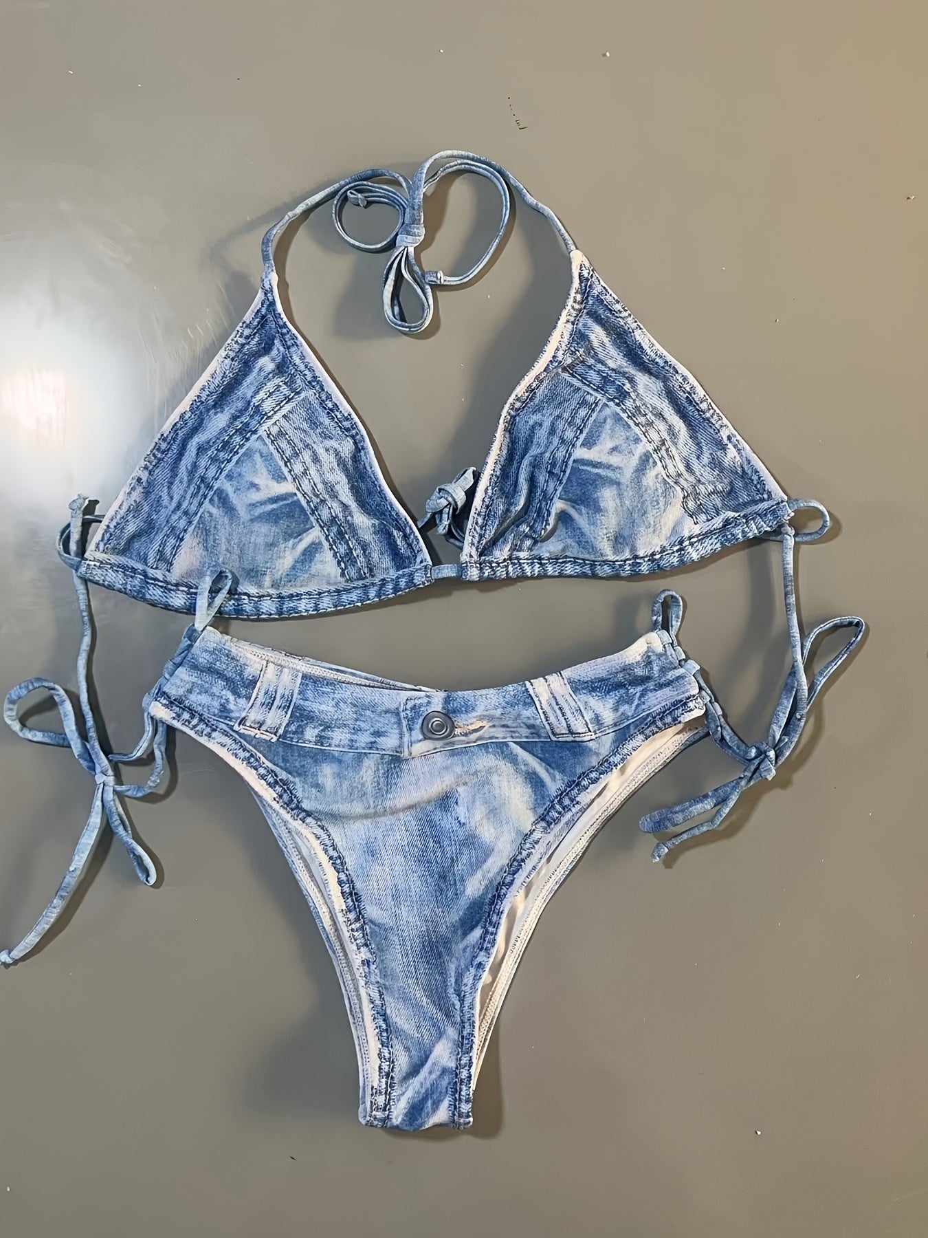 2 Piece Faux Denim Print Triangle Bikini Set - Tie Strap Halter Backless Design, Adjustable Straps, Ruffled Trim, Women's Swimwear & Clothing for Summer Beach Vacation