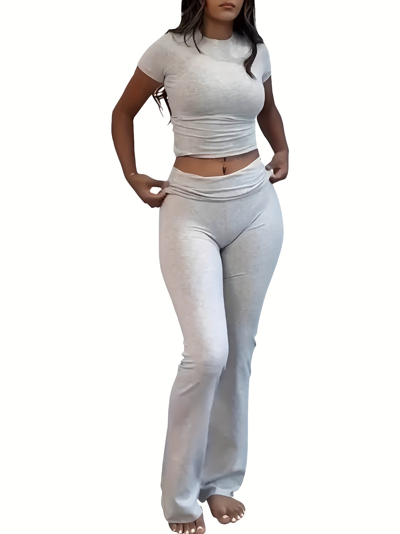 Women's Casual Slim Fit Two-Piece Pants Set – Short Sleeve Crew Neck T-Shirt & High Stretch Flared Leg Sport Pants Outfit