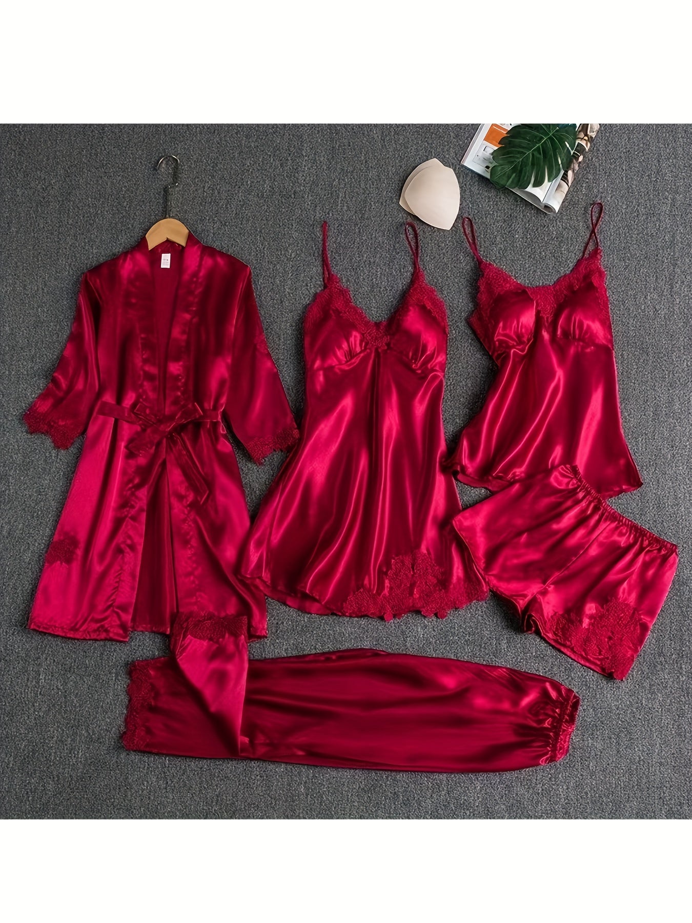 5pcs Women's Satin Sleepwear Set with Appliques, Long Pants and Shorts, Sexy Mature Elegant Lingerie, Lace Camisole Plus Size Nightgown Jumpsuit Loungewear