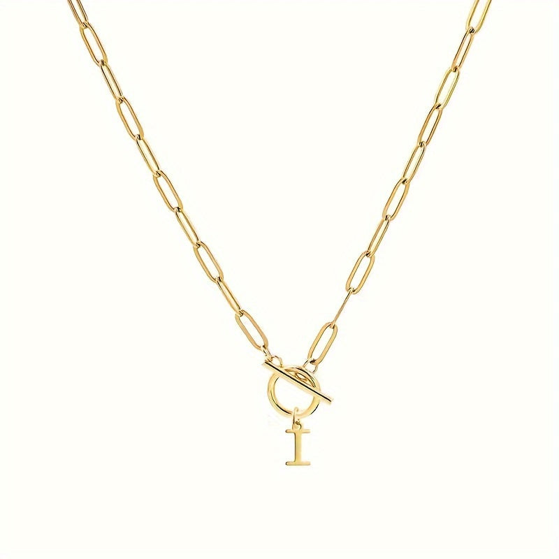Personalized Initial Letter Necklace – 18K Gold Plated Stainless Steel Capital Letter Pendant with Rectangular Paperclip Chain – Elegant & Cute Gift for Her