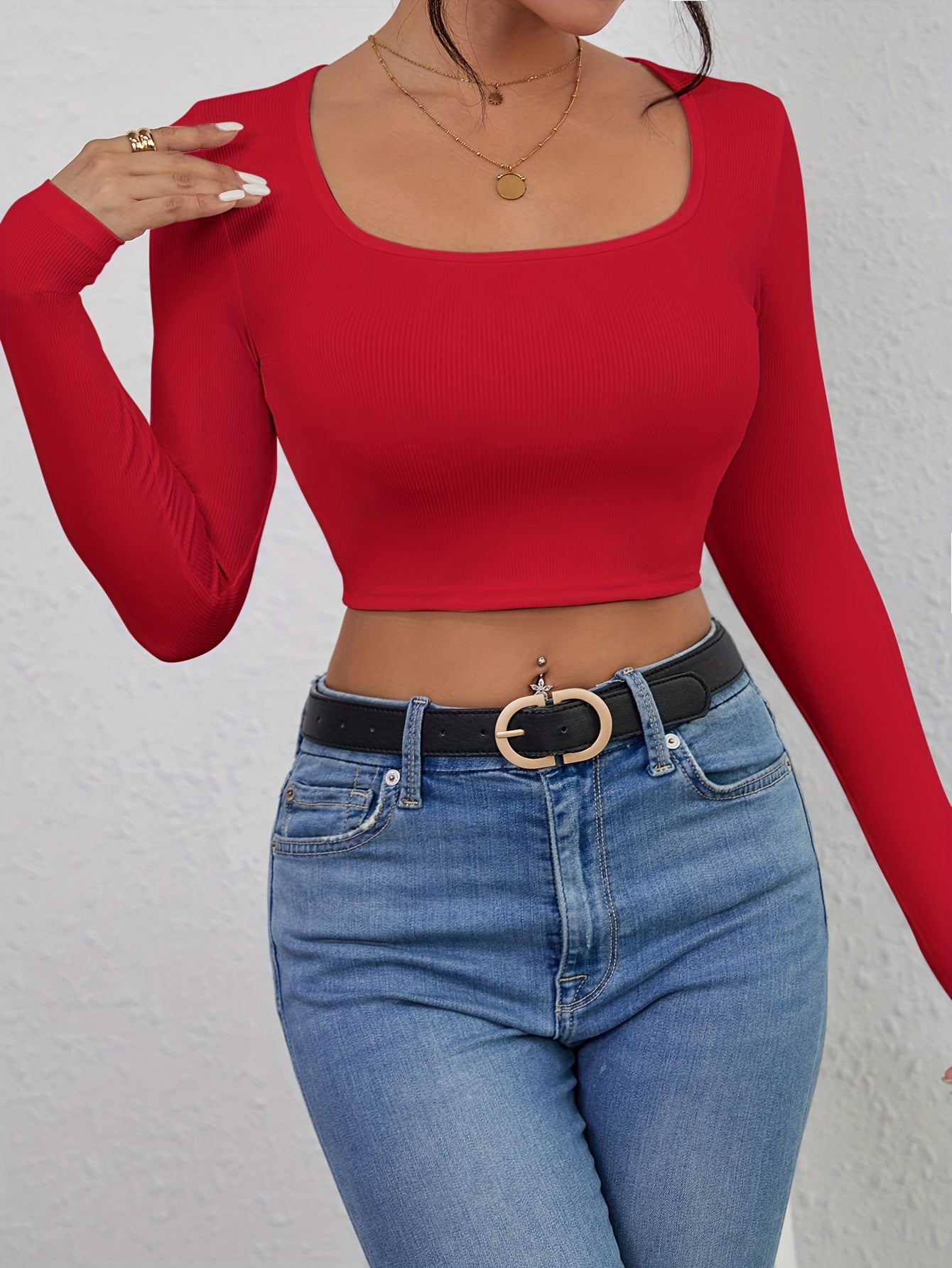 Squared Neck Cropped T-shirt, Casual Long Sleeve Solid T-shirt, Women's Clothing