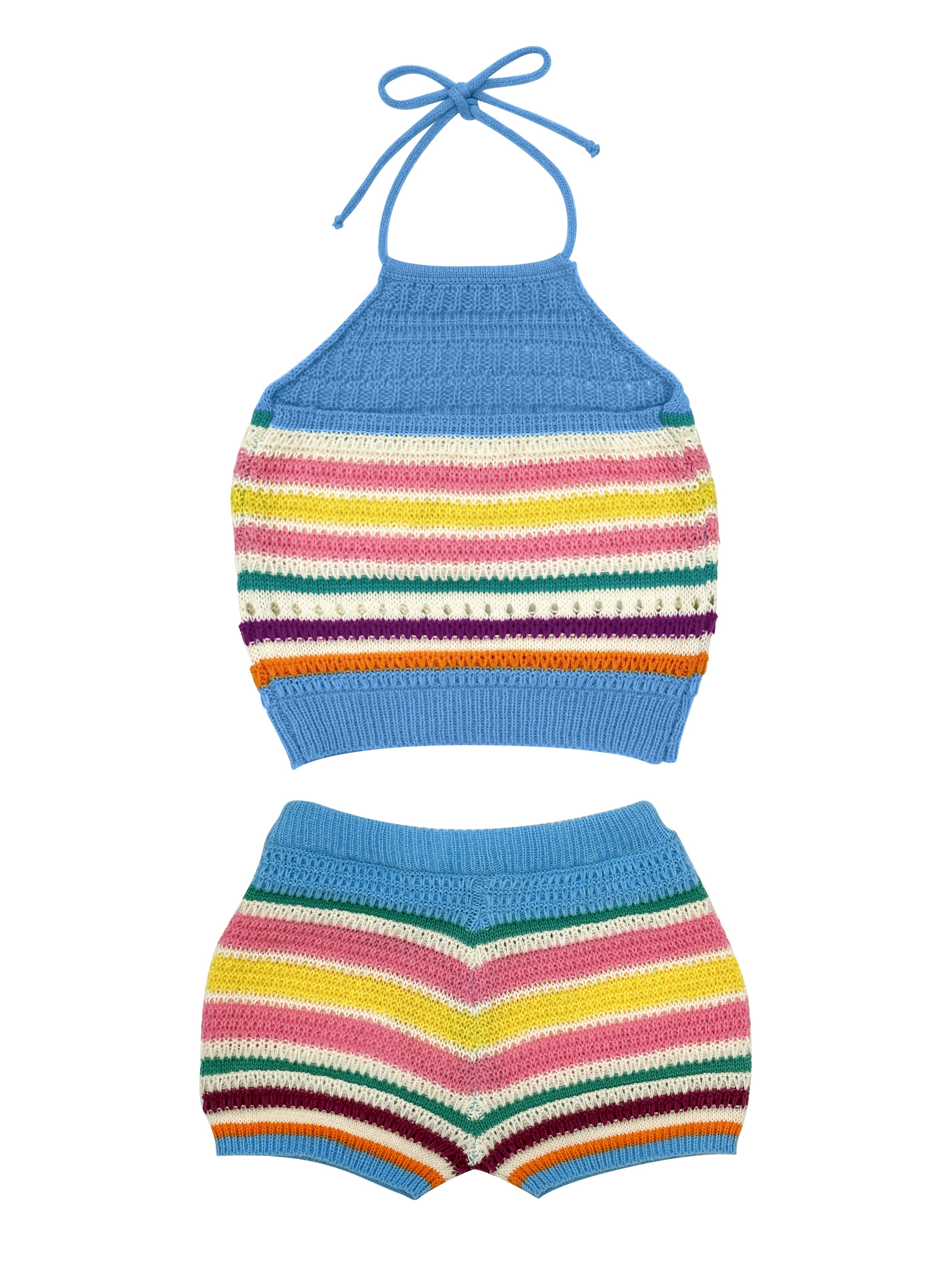 Two-piece Y2K Striped Print Matching Set, Halter Top & Drawstring Shorts Outfits for Women