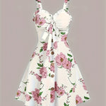 Floral Print Knotted Front Flared Dress, Elegant Sleeveless V Neck Cami Dress For Spring & Summer, Women's Clothing