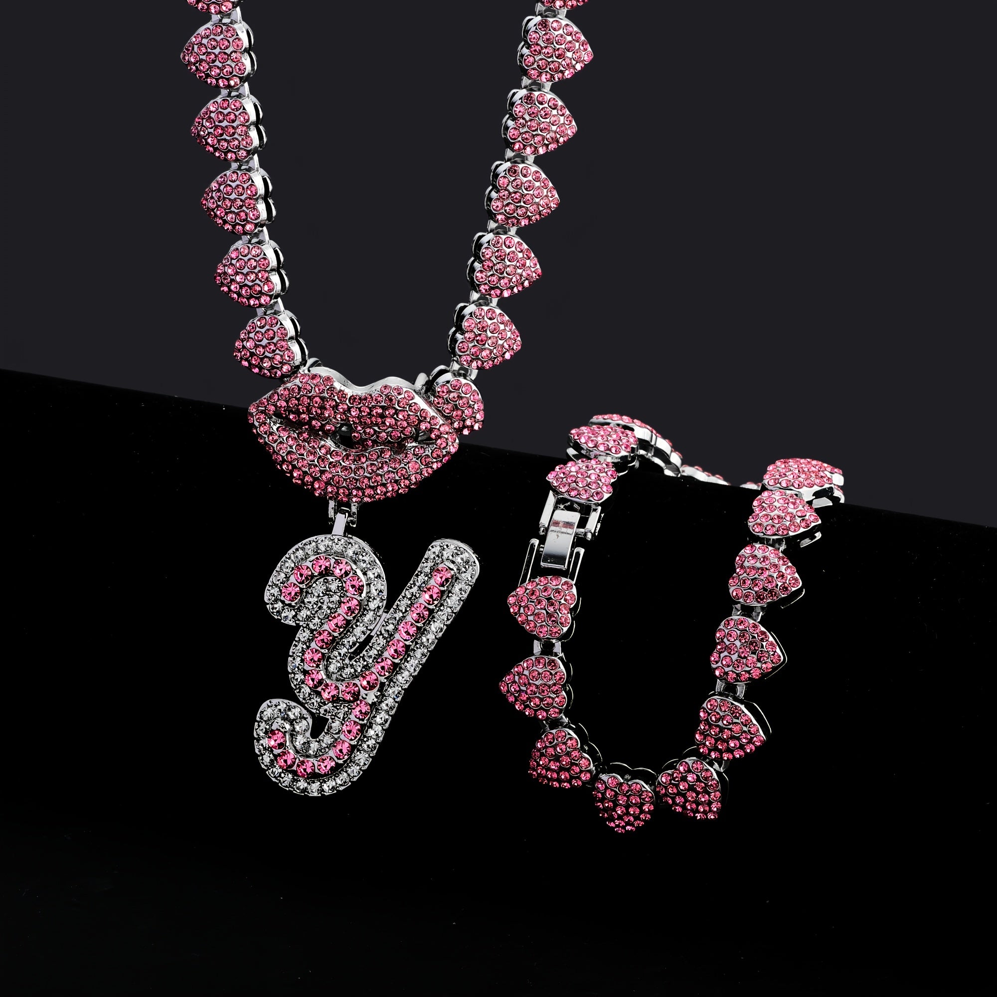 Hip Hop Y2K Style Pink Sexy Lips Pendant Necklace and Bracelet Set, A-Z Initials, Rhinestone Inlay, Zinc Alloy, Perfect for Daily Wear or Parties, Ideal Valentine's Day Gift for Men and Women, Hip Hop Jewelry