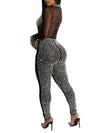 Solid Color Stand Neck Jumpsuit, Y2K Mesh Rhinestone Long Sleeve Jumpsuit For Spring & Summer, Women's Clothing