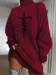 Women's Polyester Summer Dress With High Neckline, Cross Stitch Pattern, Elegant And Casual Long Sleeve Top