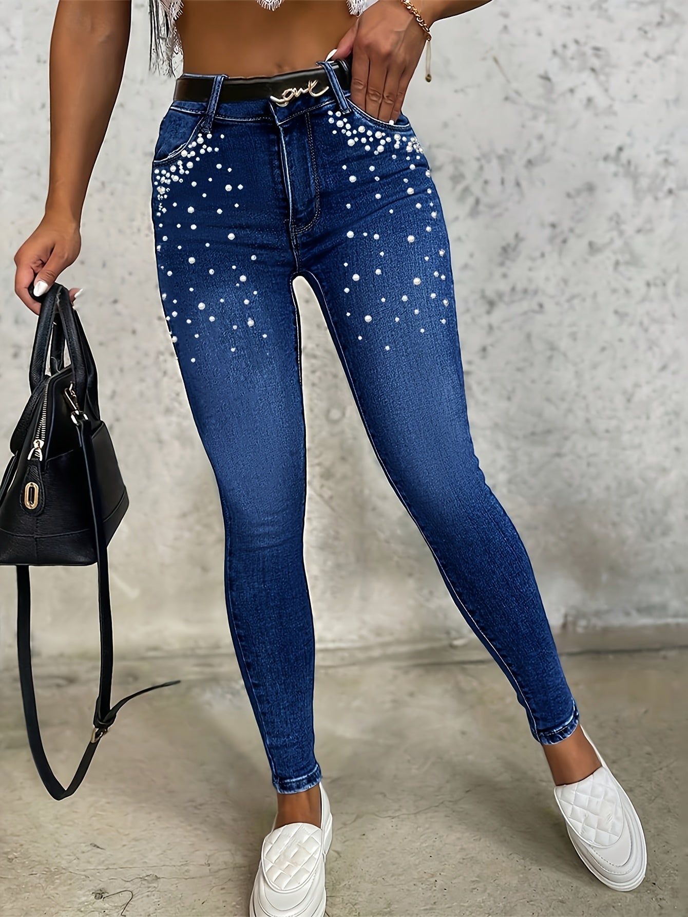 Fashionable High Waisted Slim Fit Casual Women'S Jeans, Adorned With Artificial Pearl Craftsmanship, Light Blue, Fashionable Street Tight Pants