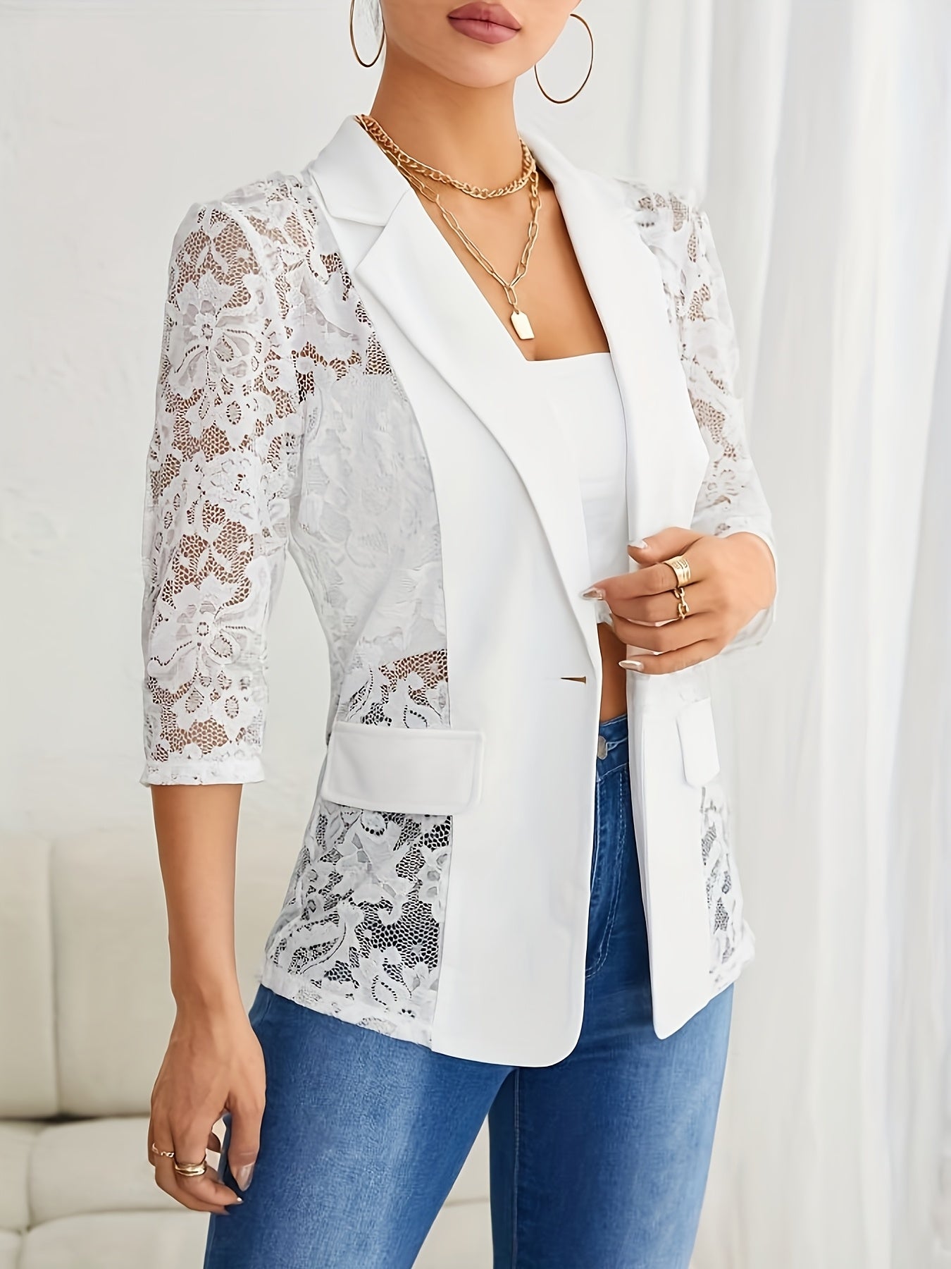 Elegant Women's Blazer - Sheer Lace, Open Front, 3/4 Sleeve, Polyester, Machine Washable
