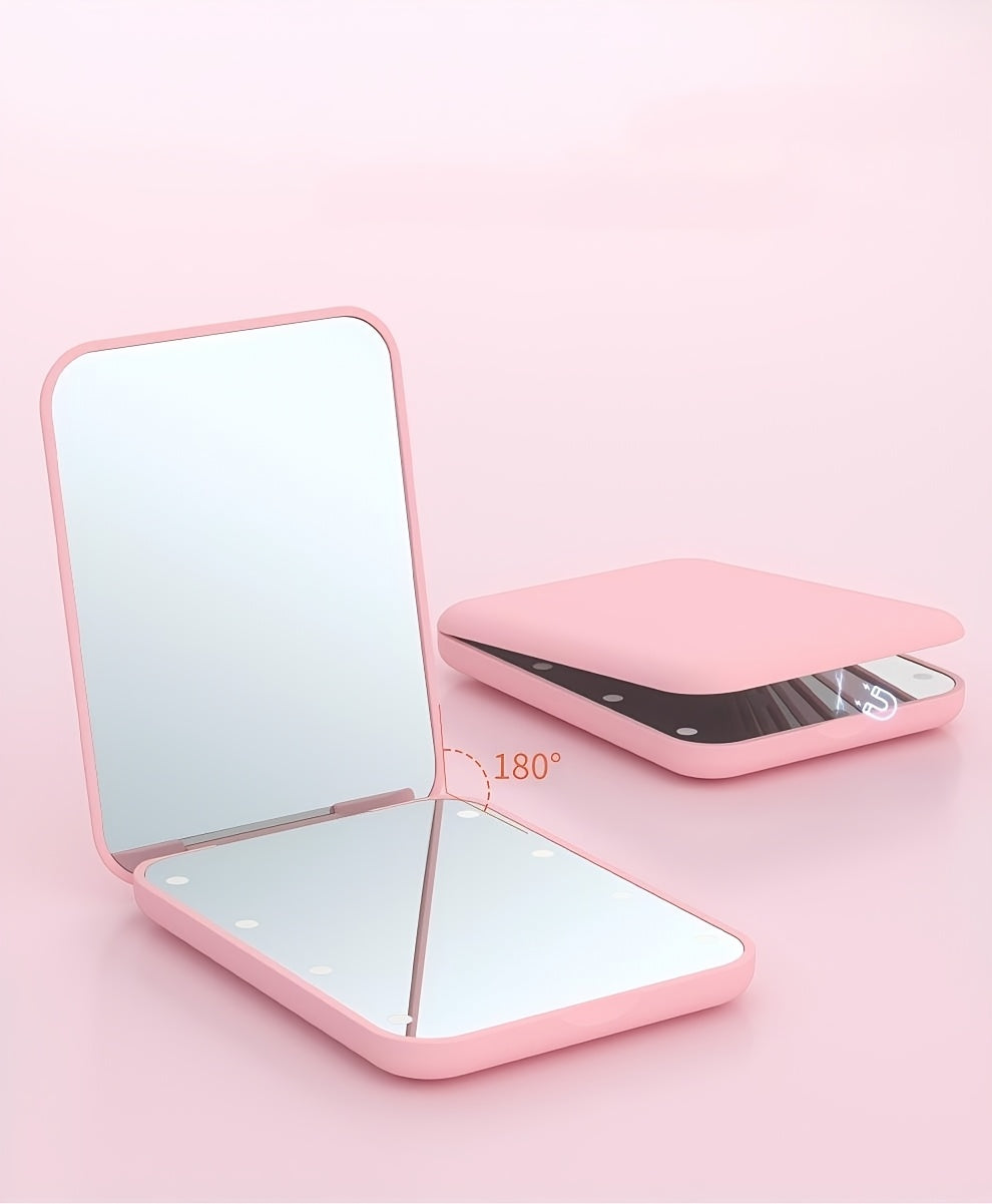 [LED Travel Makeup Mirror] Compact, Double-Sided, 1X/3x Magnified LED Mini Travel Makeup Mirror - Portable, Folding, Hand-Held, Small Lighting, Unscented, Plastic Surface, Non-Rechargeable Button Battery (Diameter≥20mm) Pow