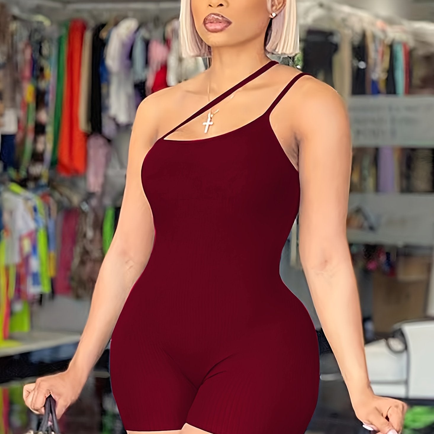 Solid One Shoulder Slim Romper Jumpsuit - Sexy Sleeveless Design - For Women - Perfect for Parties & Night Out - Stylish Gift for Fashionable Ladies