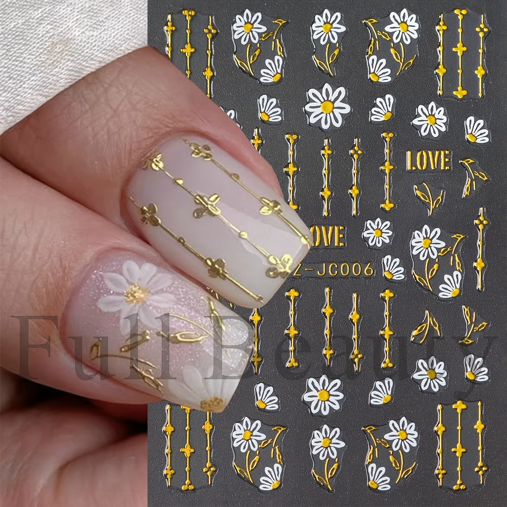 New Hot Stamping Flower Nail Stickers in INS Style Cross-border Y2K Golden Bow Small White Flowers Spring and Summer Nail Decals
