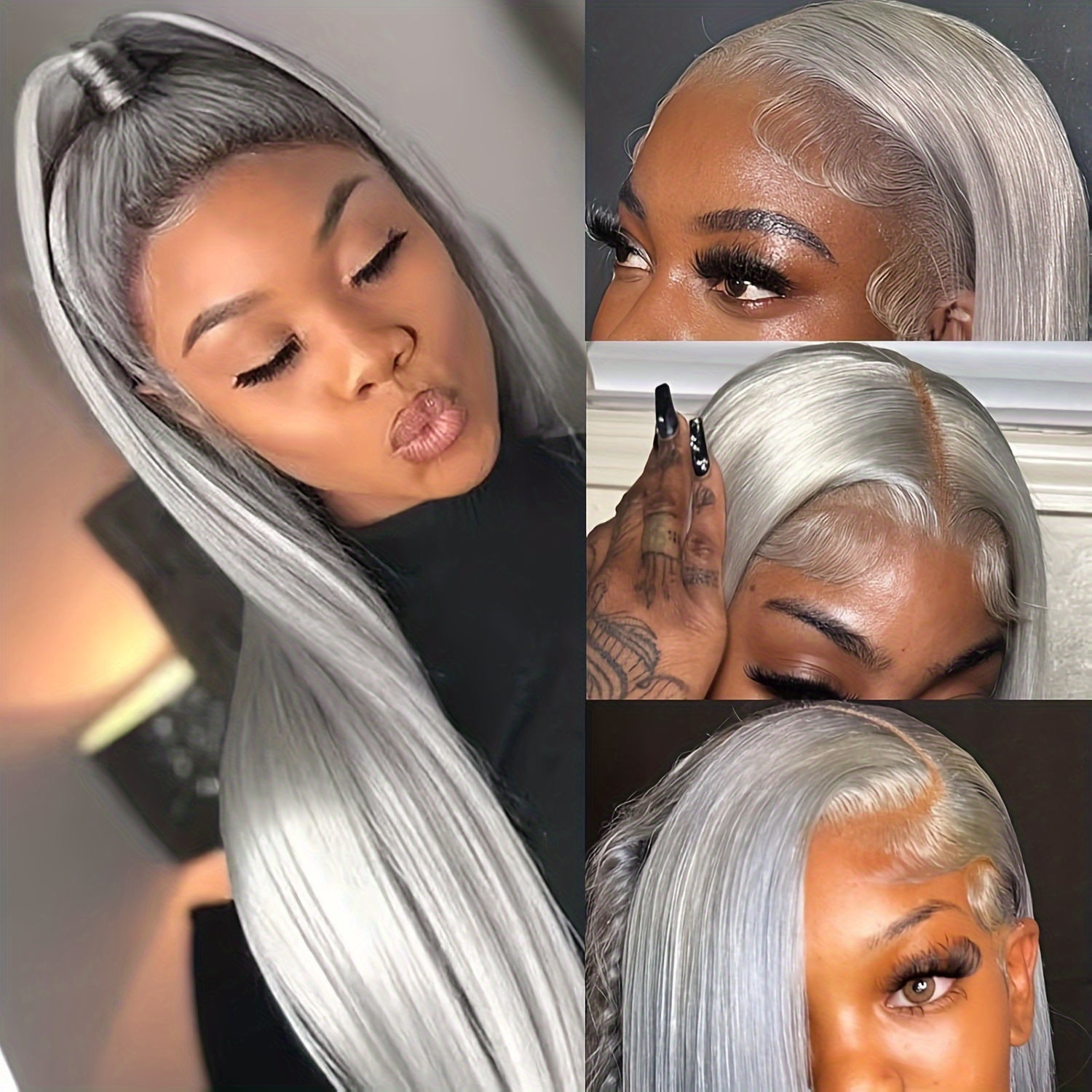 Silvery Grey 13x4 Transparent Lace Frontal Wig 26 Inches Silvery Straight Lace Front Wigs for Women 180% Density Synthetic Heat Resistant Fiber High temperature fiber Straight Glueless Lace Wig Natural Straight Long Lace Wig