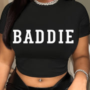 Letter Print Crew Neck Crop T-Shirt, Casual Short Sleeve T-Shirt For Spring & Summer, Women's Clothing