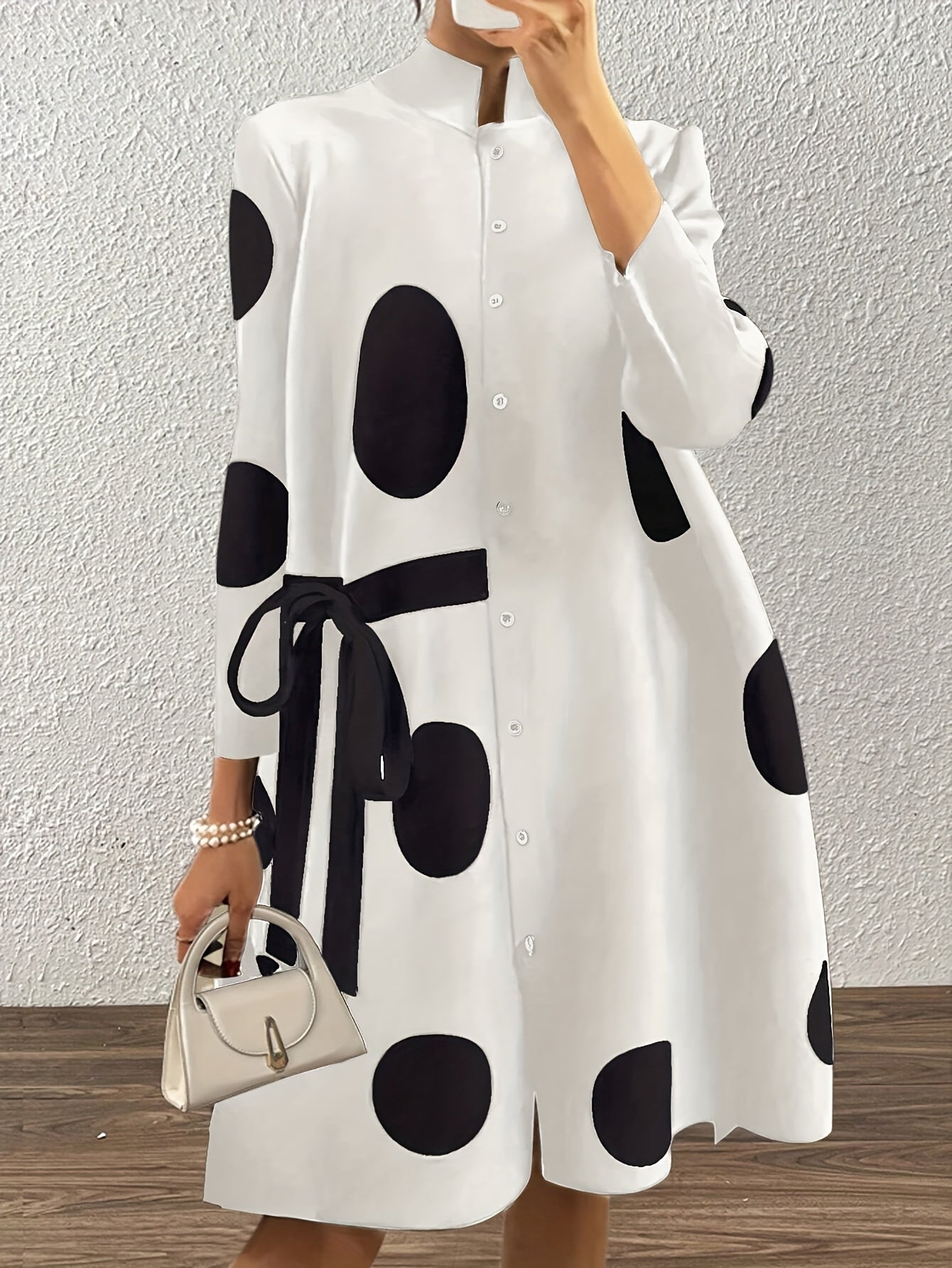 Women's Casual Polka Dot Long Sleeve Knee-Length Dress with Stand Collar and Bow Detail, 100% Polyester Woven Fabric, All-Season Loose Fit A-Line Dress with Flared Hem, Long Sleeve Dress