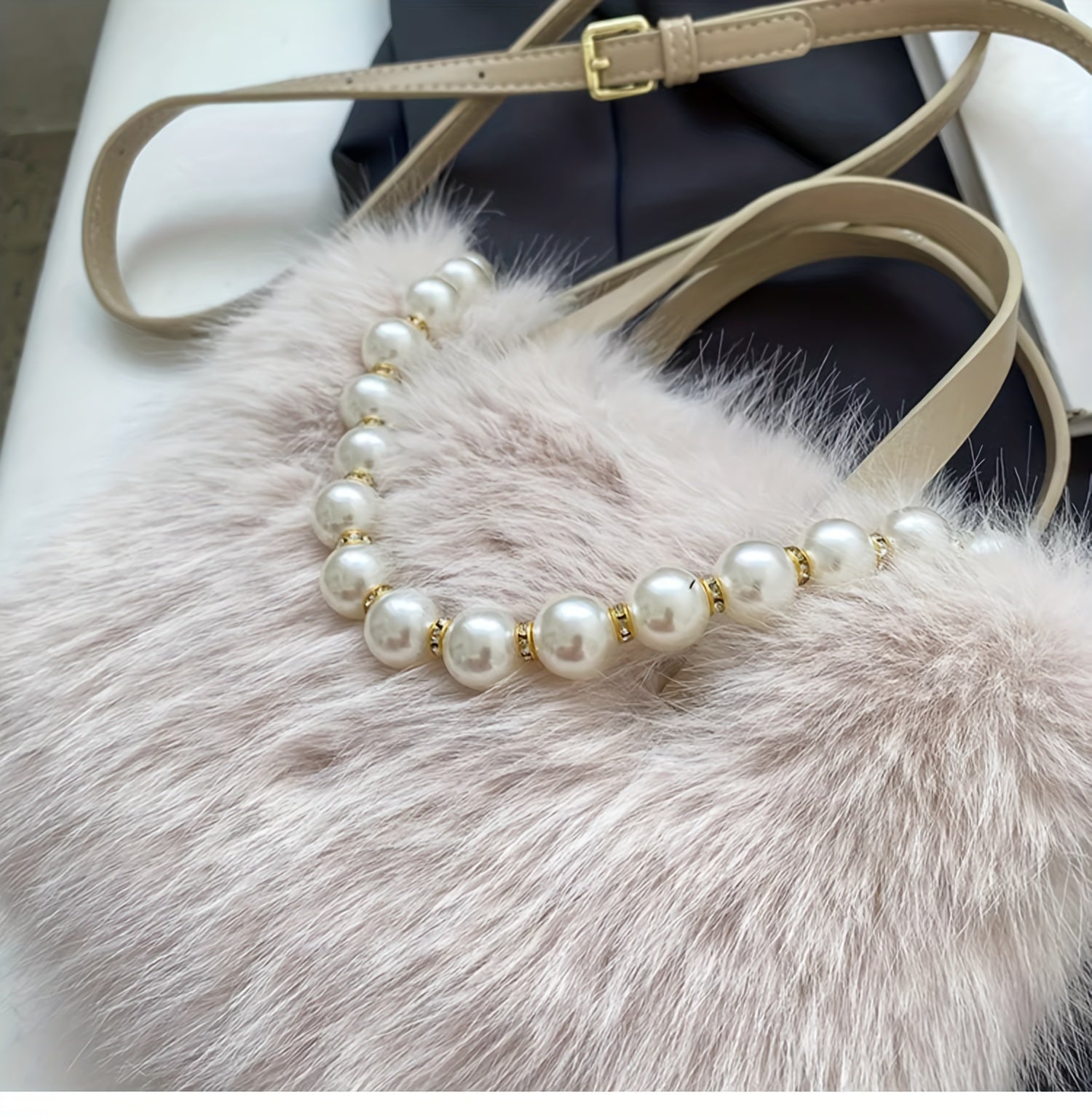 Chic Faux Fur Crossbody Bag with Pearl Accents - Soft Plush Shoulder Purse for Women, Available in Pink, Khaki, Coffee, White, Black