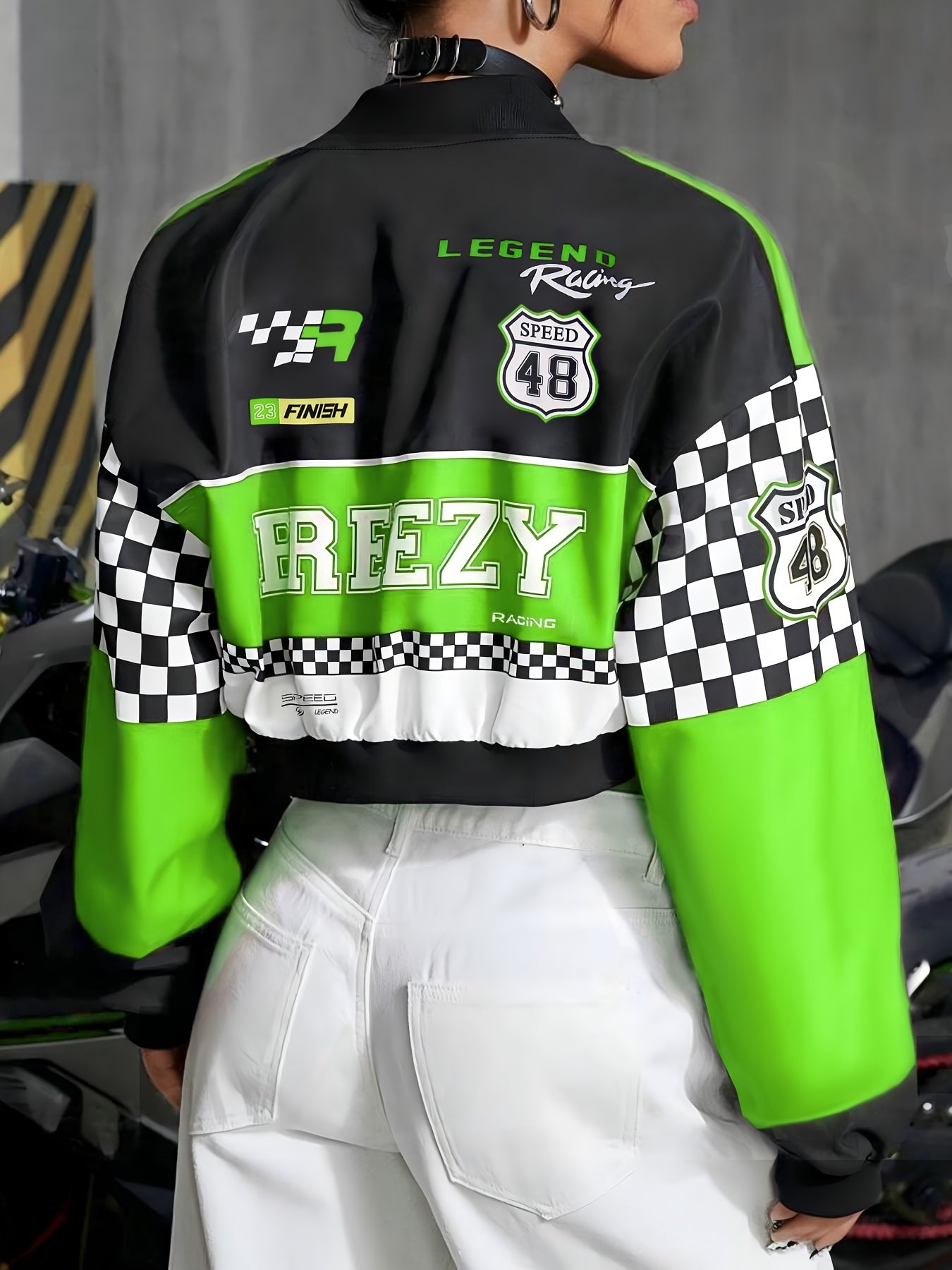 Women's Casual Letter & Checkered Print Long Sleeve Jacket - Stylish Blue & Black Zip-Up Crop Top with "44" Graphic, Perfect for Motorcycle Rides and Trendy Outfits