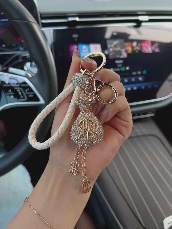 Elegant Alloy & Rhinestone-Encrusted Dollar Sign Keychain with Braided Rope - Sparkling Charm for Car Keys, Bags & Wallets - Ideal Birthday Gift