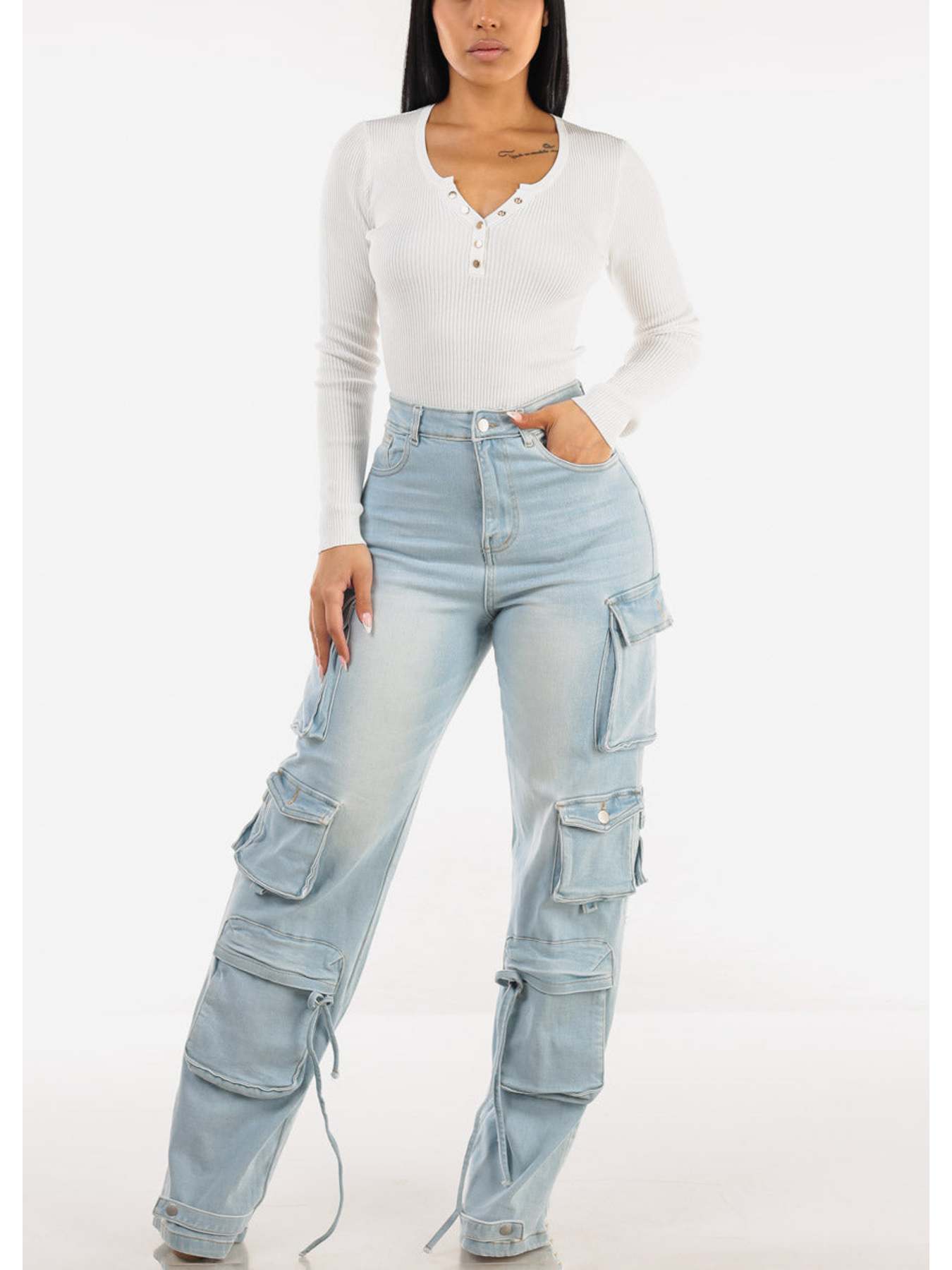 Ultra High Waist Stretch Utility Wide Leg Jeans Light Wash